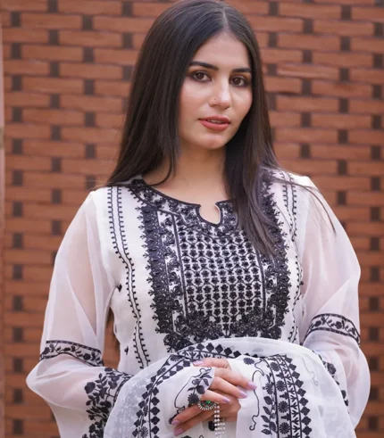 Shop with Namra is offering white & Black formal wear Organza dress in latest festive collection 2024