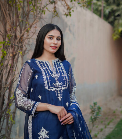 Shop with Namra is offering navy blue embroidery formal dress in latest festive collection 2024