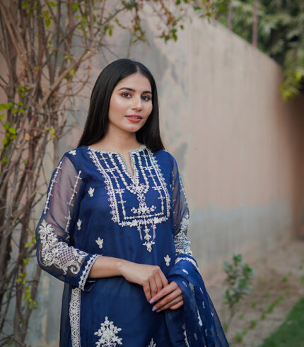 Shop with Namra is offering navy blue embroidery formal dress in latest festive collection 2024