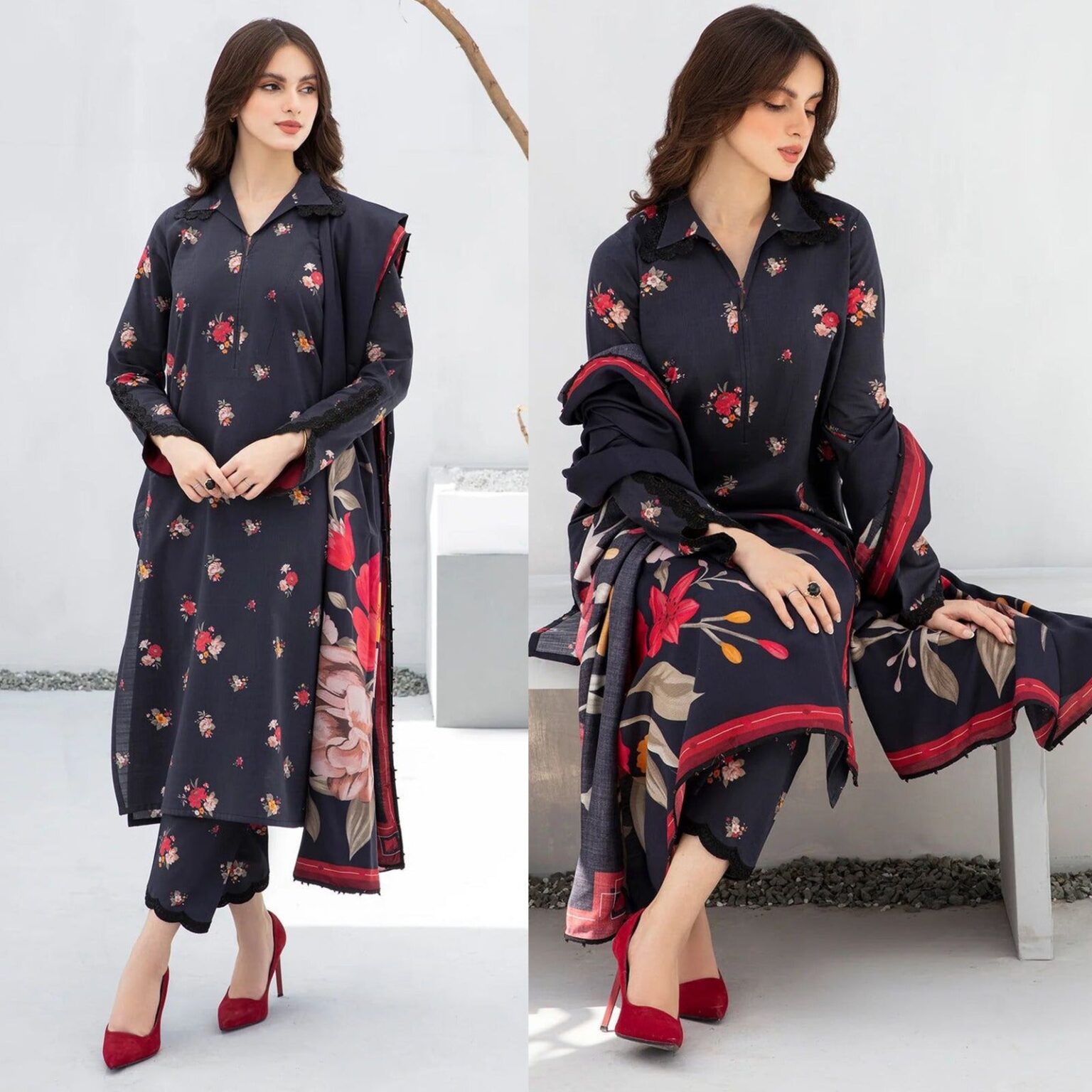 Sqoni is offering BAROQUE 3PC Lawn Printed Shirt With Voile Printed Dupatta 770 1 in latest clothing collection 2024