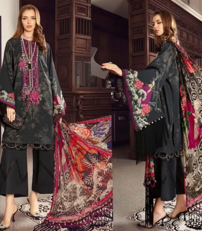 Lawn Printed Shirt Voile Printed Dupatta Lawn Printed Trouser Organza Embroidered Patch Unstitched 3PC Dress