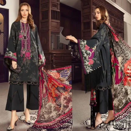 Lawn Printed Shirt Voile Printed Dupatta Lawn Printed Trouser Organza Embroidered Patch Unstitched 3PC Dress