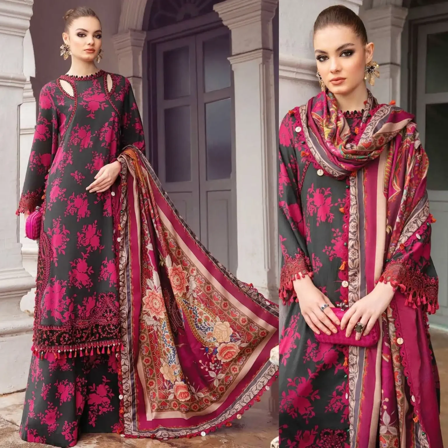 Lawn Printed Shirt Voile Printed Dupatta Lawn Printed Trouser Organza Embroidered Patch Unstitched 3PC Dress for summer