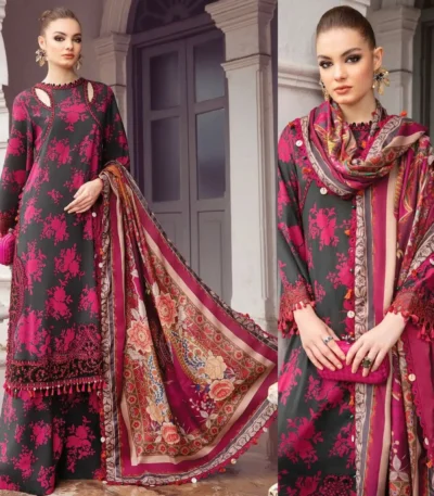 Lawn Printed Shirt Voile Printed Dupatta Lawn Printed Trouser Organza Embroidered Patch Unstitched 3PC Dress for summer