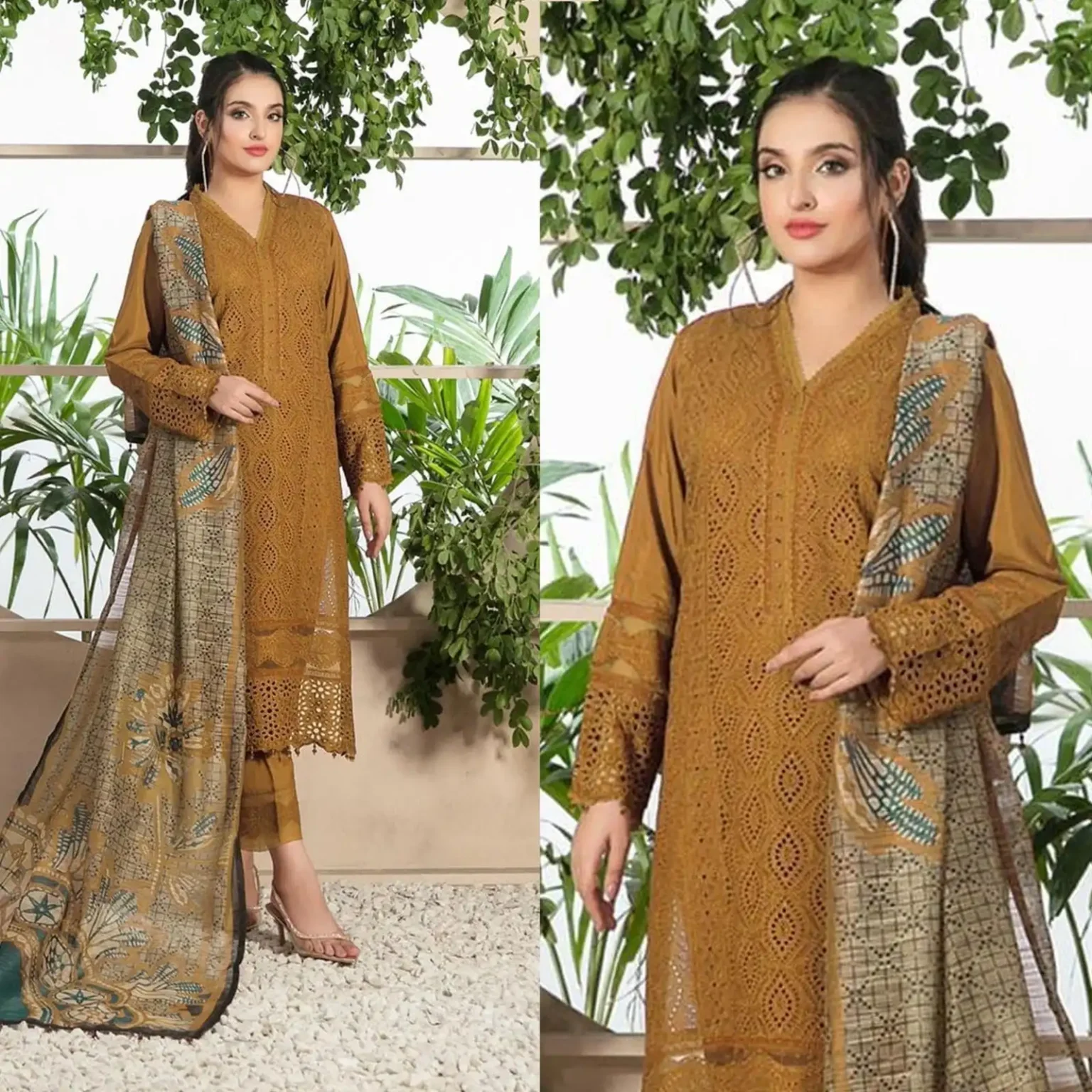 Sqoni is offering Lawn 3PC Chickenkari Embroidered Shirt With Print Shawl 321 in latest clothing collection 2024