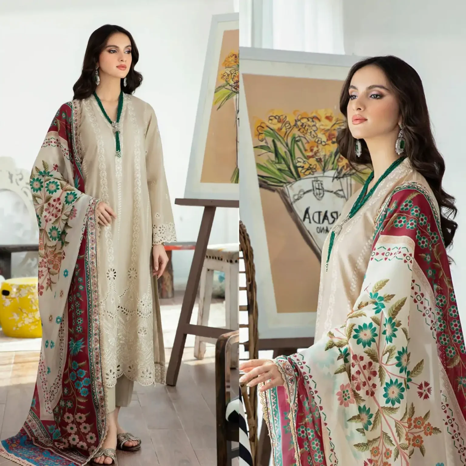 Sqoni is offering Lawn 3PC Chickenkari Embroidered Shirt With Print Shawl 323 in latest clothing collection 2024