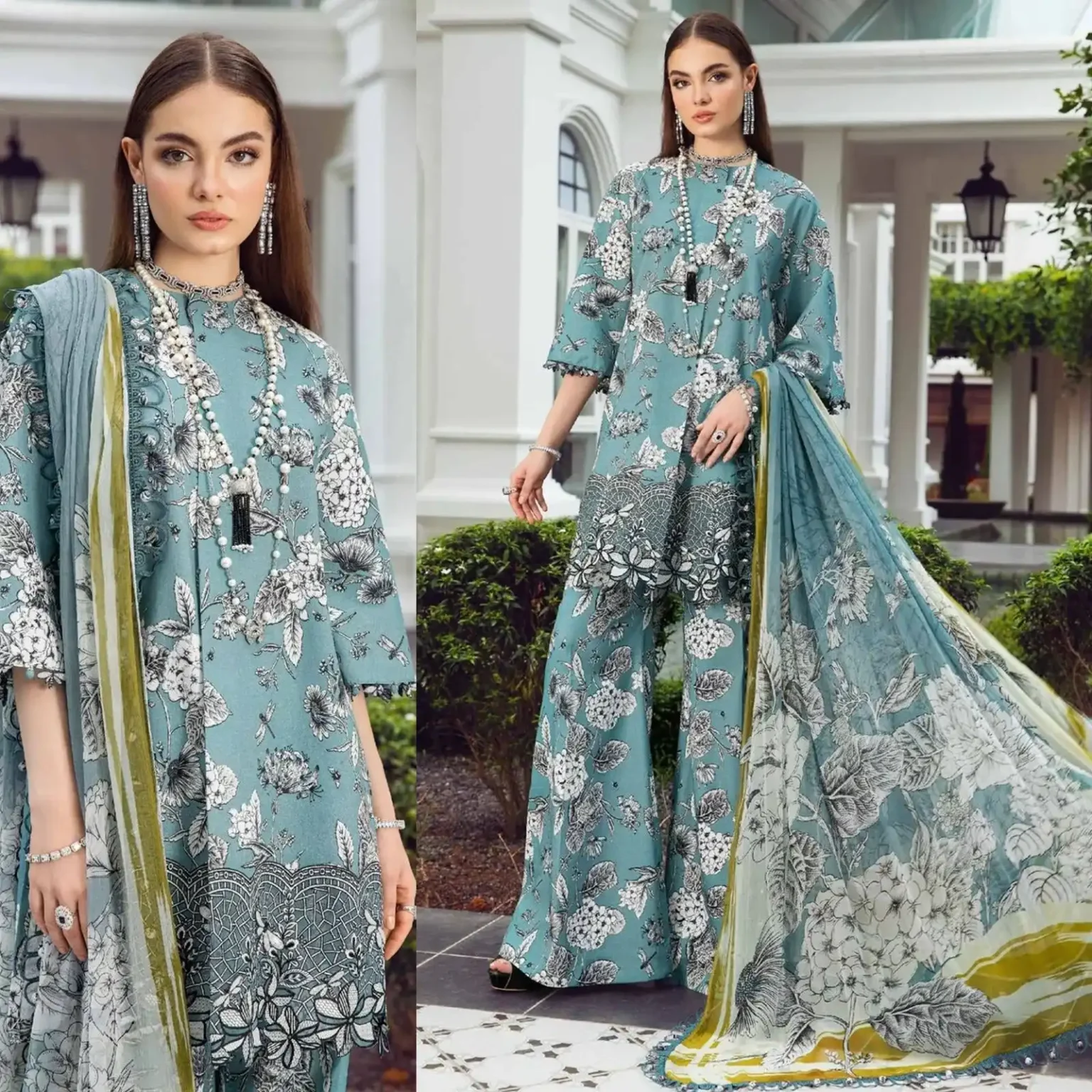 Sqoni is offering MARIA B 3PC Lawn Printed Shirt With Printed Dupatta And Trouser 772 1 in latest clothing collection 2024