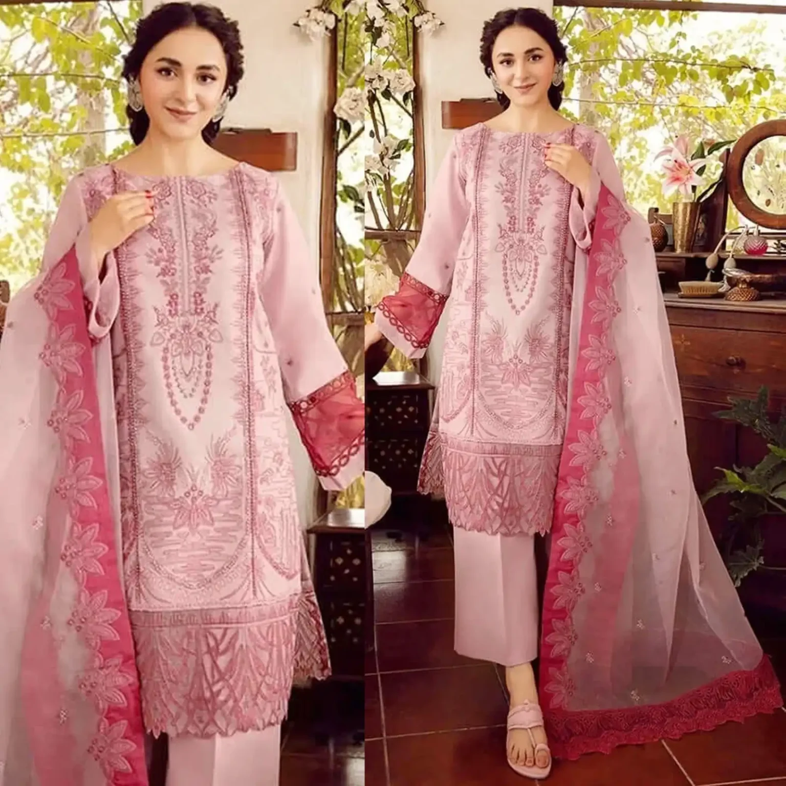 Sqoni is offering Rang Rasiya 3PC Lawn Embroidered Shirt With Organza Embroidered Dupatta 415 4 in latest clothing collection 2024