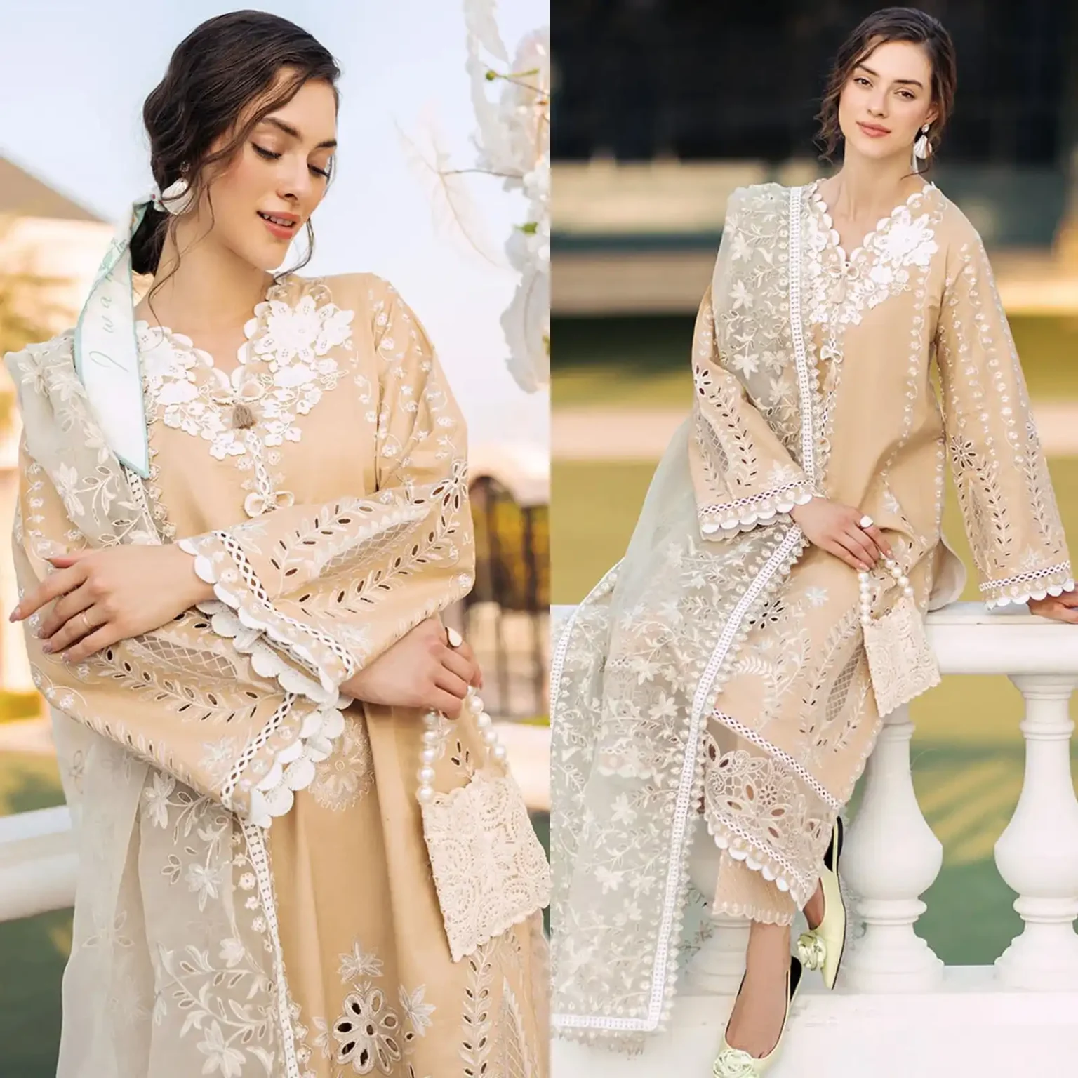 Sqoni is offering MUSHQ 3PC Lawn Chekankari Embroidered With Organza Embroidered Dupatta 402 in latest clothing collection 2024